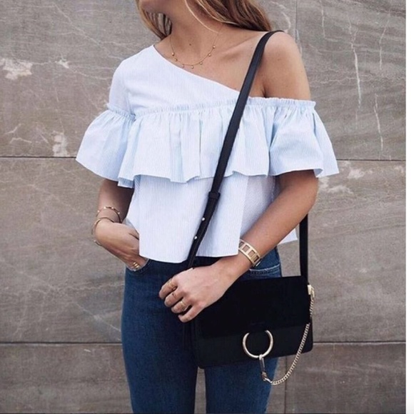 New ZARA Off The Shoulder Asymmetric Blue Striped Ruffled Poplin Top Blouse - Picture 5 of 16